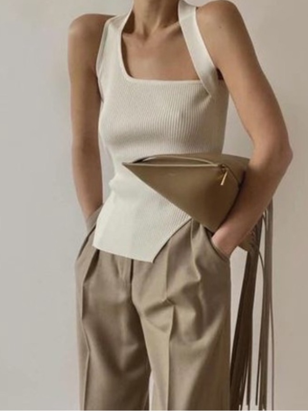 Commense Ribbed Knit One Shoulder Top Sleeveless Asymmetric White Casual‎ Size L